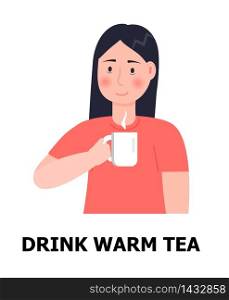 Drink warm tea illustration. Girl is ill, taking cup and drinking hot tea for prevention of flu, influenza. Health care icon vector.. Drink warm tea illustration. Girl is ill, taking cup and drinking hot tea for prevention of flu, influenza. Health care icon