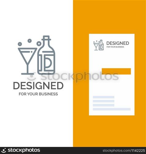 Drink, Wine, American, Bottle, Glass Grey Logo Design and Business Card Template