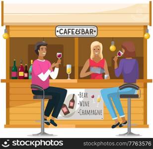 Drinking and eating in street cafe. Crowded outdoor bar isolated on white background. Relaxation in cafe. Barman mixing drinks. Bartender making alcohol coocktails for friends. People drink wine. Relaxation in cafe concept. Bartender making alcohol coocktails for friends. Outdoor cafe or bar