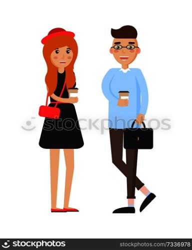 Drinking coffee man woman, vector illustration casual style people, cheerful teens holding handbags and cups with hot drinks isolated on white. Drinking Coffee Man and Woman, Vector Illustration