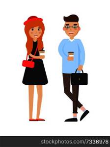 Drinking coffee man woman, vector illustration casual style people, cheerful teens holding handbags and cups with hot drinks isolated on white. Drinking Coffee Man and Woman, Vector Illustration