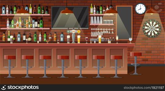 Drinking establishment. Interior of pub, cafe or bar. Bar counter, chairs and shelves with alcohol bottles. Glasses, tv, dart and lamp. Wooden decor. Vector illustration in flat style. nterior of pub, cafe or bar.