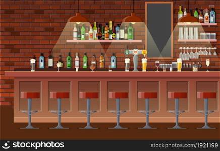 Drinking establishment. Interior of pub, cafe or bar. Bar counter, chairs and shelves with alcohol bottles. Glasses, tv, dart, fridge and lamp. Wooden decor. Vector illustration in flat style. Interior of pub, cafe or bar.