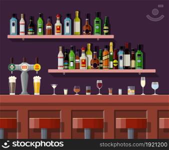 Drinking establishment. Interior of pub, cafe or bar. Bar counter, chairs and shelves with alcohol bottles. Glasses and lamp. illustration in flat style. Interior of pub, cafe or bar.