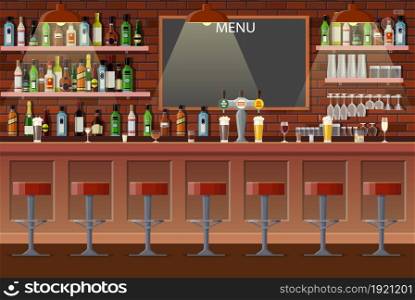 Drinking establishment. Interior of pub, cafe or bar. Bar counter, chairs and shelves with alcohol bottles. Glasses, tv, dart, fridge and lamp. Wooden decor. Vector illustration in flat style. Interior of pub, cafe or bar.