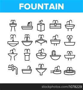 Drinking Fountain Collection Icons Set Vector Thin Line. Different Type Of Decorative Public Fountain With Purified Drink Water Concept Linear Pictograms. Monochrome Contour Illustrations. Drinking Fountain Collection Icons Set Vector