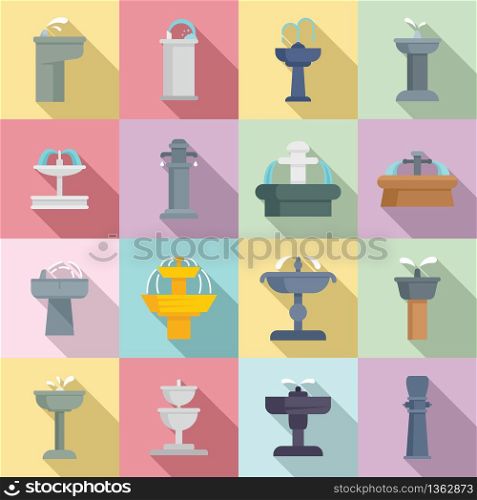 Drinking fountain icons set. Flat set of drinking fountain vector icons for web design. Drinking fountain icons set, flat style