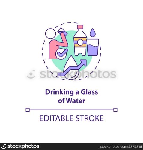 Drinking glass of water concept icon. Healthy morning routine abstract idea thin line illustration. Isolated outline drawing. Editable stroke. Roboto-Medium, Myriad Pro-Bold fonts used. Drinking glass of water concept icon