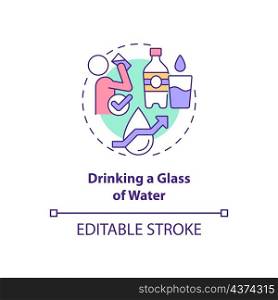 Drinking glass of water concept icon. Healthy morning routine abstract idea thin line illustration. Isolated outline drawing. Editable stroke. Roboto-Medium, Myriad Pro-Bold fonts used. Drinking glass of water concept icon