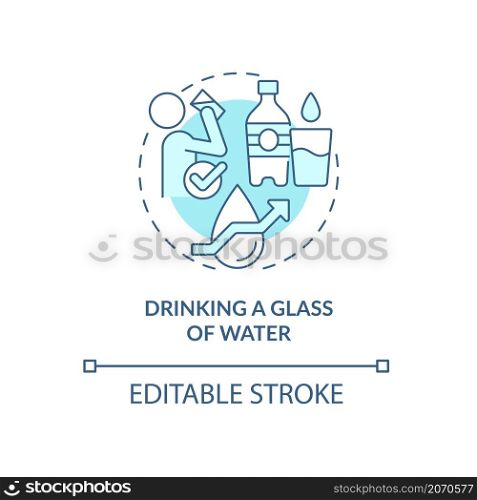 Drinking glass of water turquoise concept icon. Healthy morning habit abstract idea thin line illustration. Isolated outline drawing. Editable stroke. Roboto-Medium, Myriad Pro-Bold fonts used. Drinking glass of water turquoise concept icon