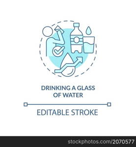 Drinking glass of water turquoise concept icon. Healthy morning habit abstract idea thin line illustration. Isolated outline drawing. Editable stroke. Roboto-Medium, Myriad Pro-Bold fonts used. Drinking glass of water turquoise concept icon
