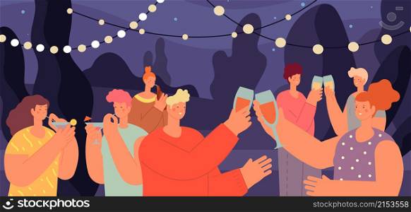 Drinking party. Young people in garden, woman drinking with friends in park. Outdoor food festival with wine, students night picnic vector scene. Illustration people together rest with drink wine. Drinking party. Young people in garden, woman drinking with friends in park. Outdoor food festival with wine, students night picnic utter vector scene