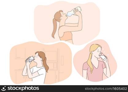 Drinking pure water, liquid, health concept. Young women cartoon characters drinking clear still water from bottle or glass at home or during workout. Detox, diet, refreshment vector illustration . Drinking pure water, liquid, health concept