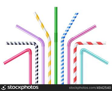 Drinking Straws Realistic Illustration. Drinking plastic straws in different colors with stripes realistic vector illustration