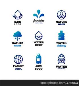 Drinking symbols and water vector logos. Eco ocean emblems. Aqua drink emblem, water fresh logo illustration. Drinking symbols and water vector logos. Eco ocean emblems