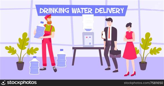 Drinking water delivery flat composition with indoor office environment faceless human characters and cooler with bottles vector illustration