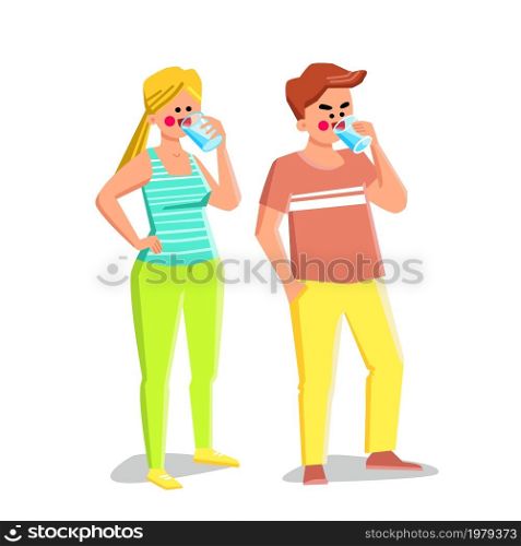drinking water from glass. man woman drink clean water from glass. healthy thirsty person. home hydrate beverage. mineral pure vitamin vector character flat cartoon Illustration. drinking water people vector