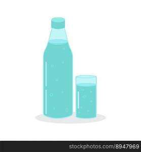 Drinking water in a glass and bottle. Vector flat illustration on a white background.. Drinking water in a glass and bottle.