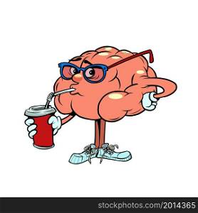 drinks a cold drink cola human brain character, smart wise. Comic cartoon retro vintage illustration. drinks a cold drink cola human brain character, smart wise