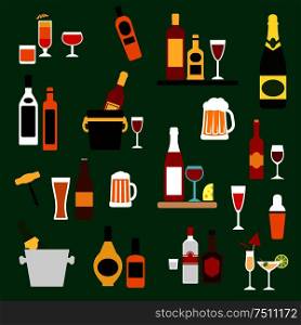 Drinks, alcohol and beverages flat icons with wine bottles, champagne, beer, whiskey, vodka, rum, gin and liquor, cocktails, ice buckets, shaker and corkscrew. Drinks, beverages and alcohol cocktails flat icons