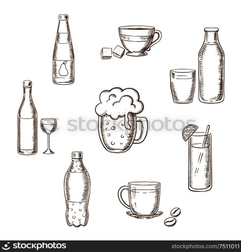 Drinks, alcohol and beverages sketch icons of a wine bottle and glass, beer, coffee, tea, milk bottle and glass, orange juice and soft drink soda. Sketch vector icons. Drinks, alcohol and beverages flat icons