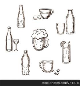 Drinks, alcohol and beverages sketch icons of a wine bottle and glass, beer, coffee, tea, milk bottle and glass, orange juice and soft drink soda. Sketch vector icons. Drinks, alcohol and beverages flat icons