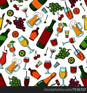 Drinks, alcohol and fruit seamless pattern with wine and beer bottles, cocktails and champagne, whiskey, lemonade and milk shakes among grape bunches and cherries, olives and oranges, limes fruits and corkscrews. Alcohol, drinks and fruits seamless pattern