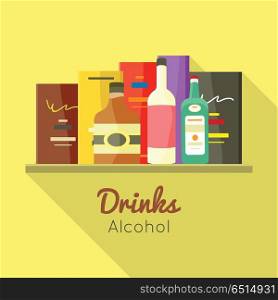 Drinks Alcohol Vector Concept in Flat Design.. Drinks alcohol vector concept in flat design. Liqueur, wine,whiskey, brandy illustrations for beverages concepts, grocery store advertising, icons, infograqphic element. Isolated on white background.