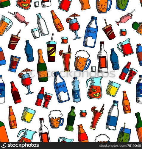 Drinks and bottles seamless background. Wallpaper with vector pattern icon of beer mug, milk bottle, lemonade pitcher, soda coke, cocktail, champagne. Drinks and bottles seamless background