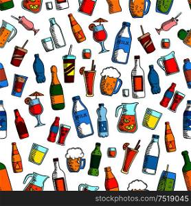 Drinks and bottles seamless background. Wallpaper with vector pattern icon of beer mug, milk bottle, lemonade pitcher, soda coke, cocktail, champagne. Drinks and bottles seamless background