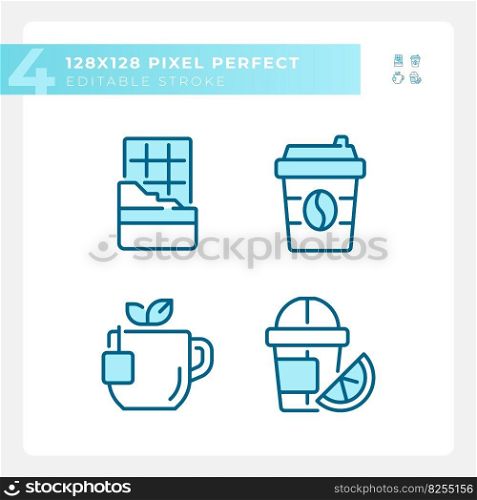 Drinks and desserts pixel perfect blue RGB color icons set. Cafe menu. Coffee shop. Tea time. Beverage aisle. Isolated vector illustrations. Simple filled line drawings collection. Editable stroke. Drinks and desserts pixel perfect blue RGB color icons set