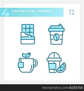 Drinks and desserts pixel perfect blue RGB color icons set. Cafe menu. Coffee shop. Tea time. Beverage aisle. Isolated vector illustrations. Simple filled line drawings collection. Editable stroke. Drinks and desserts pixel perfect blue RGB color icons set