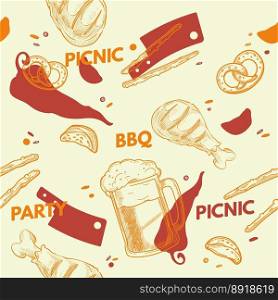 Drinks and food, tasty dishes and beverages on picnic and barbeque party. Grilled chicken and pretzel, salty sticks and meat. Seamless pattern, wallpaper or background print. Vector in flat style. Picnic and barbeque party, drinks and food vector