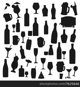 Drinks black vector silhouettes. Alcohol and soft beverages bottles and cocktail glasses, fruit juice, sake and martini with drinking straw. Smoothie and milkshake, beer barrel, champagne or wine set. Drinks black vector silhouettes, beverages set