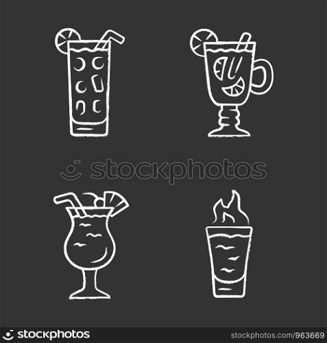 Drinks chalk icons set. Cocktail in highball glass, hot toddy, pina colada, flaming shot. Alcoholic mixes and soft drinks. Refreshing and warming beverages. Isolated vector chalkboard illustrations