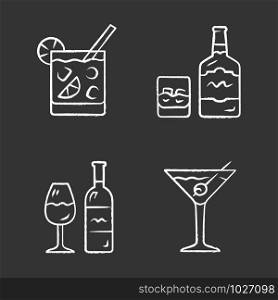 Drinks chalk icons set. Cocktail in lowball glass, whiskey, wine, martini. Alcoholic beverages for party. Refreshment drinks and mixes. Isolated vector chalkboard illustrations