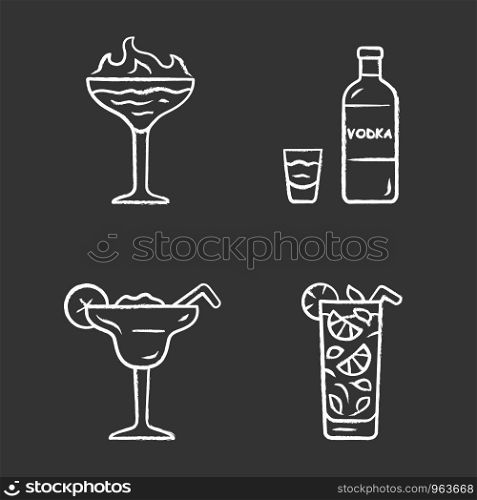 Drinks chalk icons set. Flaming shot, margarita, mojito, vodka. Glasses with beverages, bottle. Alcoholic mixes and soft drink for party, celebration. Isolated vector chalkboard illustrations