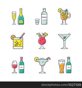 Drinks color icons set. Alcohol drinks card. Champagne, vodka, hot toddy, wine, beer, cocktail in lowball glass, martini, margarita, pina colada. Isolated vector illustrations
