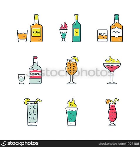 Drinks color icons set. Rum, absinthe, whiskey, sambuca, sangria, flaming cocktail and shot, hurricane glass, highball glass. Alcoholic beverages for party. Isolated vector illustrations