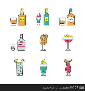 Drinks color icons set. Rum, absinthe, whiskey, sambuca, sangria, flaming cocktail and shot, hurricane glass, highball glass. Alcoholic beverages for party. Isolated vector illustrations