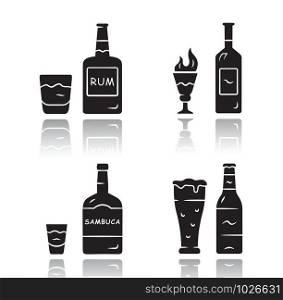 Drinks drop shadow black glyph icons set. Rum, absinthe, sambuca, beer. Bottles and beverages in glasses. Refreshment alcoholic liquid for party and celebration. Isolated vector illustrations