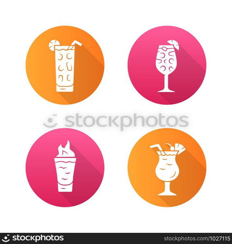 Drinks flat design long shadow glyph icons set. Cocktail in highball glass, hot toddy, pina colada, flaming shot. Alcoholic mixes and soft beverages. Vector silhouette illustration