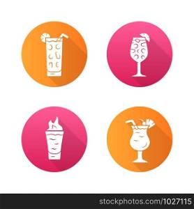 Drinks flat design long shadow glyph icons set. Cocktail in highball glass, hot toddy, pina colada, flaming shot. Alcoholic mixes and soft beverages. Vector silhouette illustration