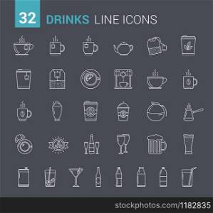 Drinks, glasses and bottles, 32 line icons, vector eps10 illustration. Drinks Line Icons