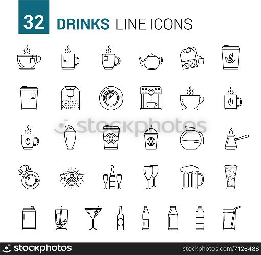 Drinks, glasses and bottles, 32 line icons, vector eps10 illustration. Drinks Line Icons