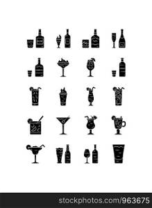 Drinks glyph icons set. Alcohol menu card. Beverages for cocktails. Whiskey, rum, wine, martini, margarita, absinthe. Spirit containing liquors. Silhouette symbols. Vector isolated illustration