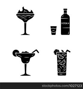 Drinks glyph icons set. Flaming shot, margarita, mojito, vodka. Glasses with beverages, bottle. Alcoholic mixes and soft drink for party, celebration. Silhouette symbols. Vector isolated illustration