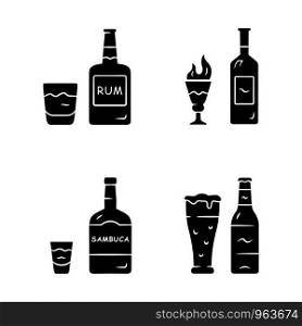 Drinks glyph icons set. Rum, absinthe, sambuca, beer. Bottles and beverages in glasses. Refreshment alcoholic liquid for party and celebration. Silhouette symbols. Vector isolated illustration