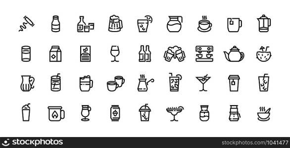 Drinks line icons. Coffee tea and alcoholic beverages, beer champagne cocktails, water in bottle and glass, milk. Vector set outlines drinking food beverage for party. Drinks line icons. Coffee tea and alcoholic beverages, beer champagne cocktails, water in bottle and glass, milk. Vector set