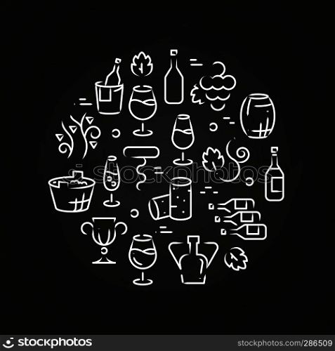 Drinks line icons - wine logo on chalkboard. Glass drawing alcohol, vector illustration. Drinks line icons - wine logo on chalkboard